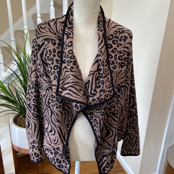 MIDNIGHT VELVET Womens Black Brown Leopard Hi-Low Open Draped Sweater Jacket SZM - Picture 6 of 9